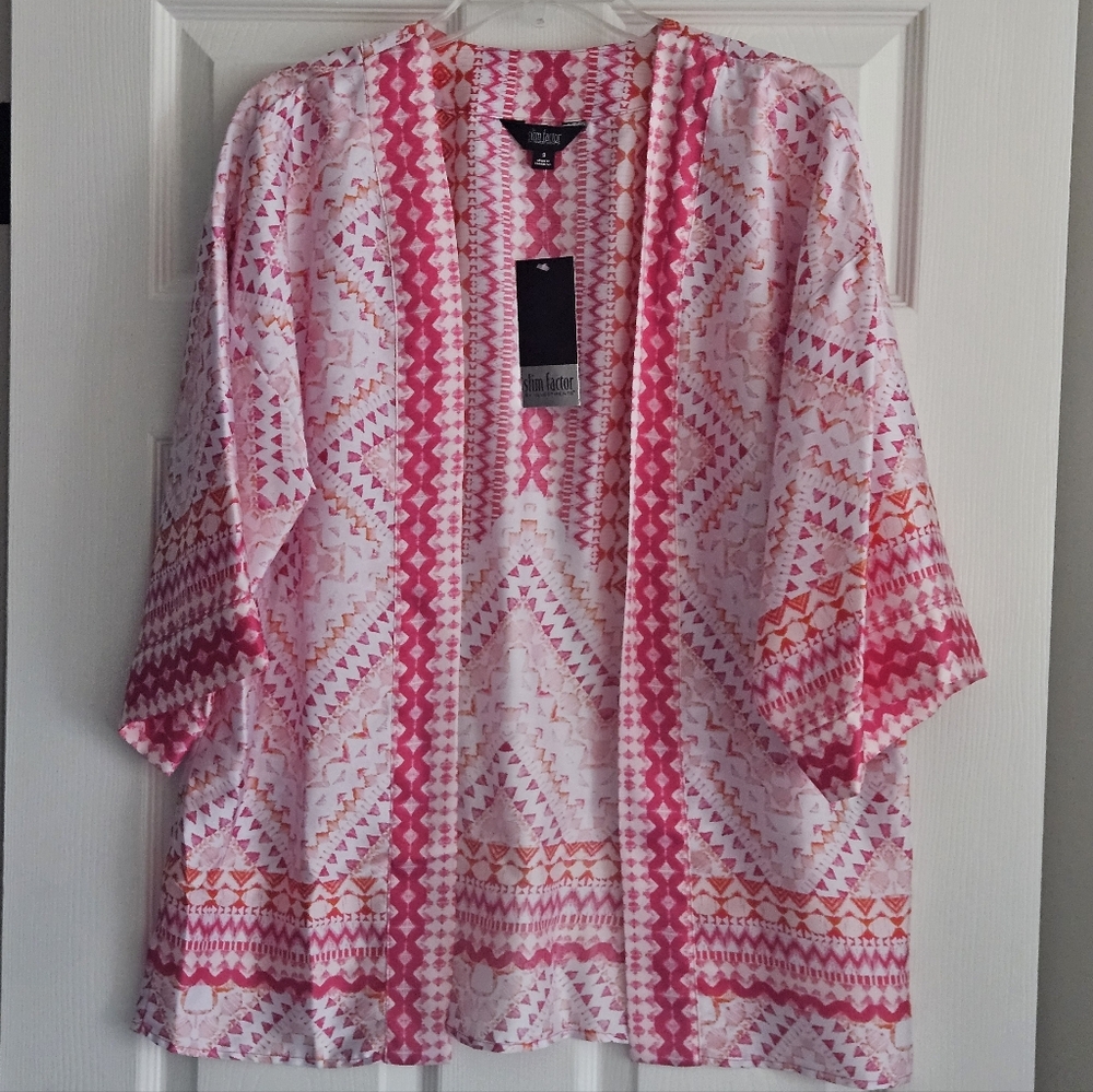 Investments 3/4 Sleeve Open Front Kimono: Magenta/White/Orange Mosaic Tile Print